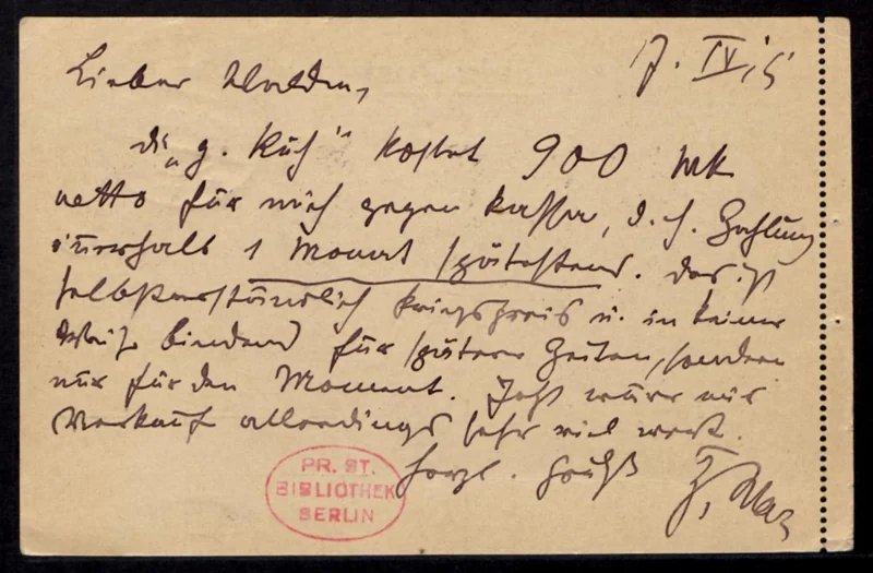 Marc’s handwritten postcard to the art dealer Herwarth Walden, 17 April 1915.